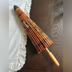 Vintage Chinese Oil Paper Umbrella Parasol Decor Handmade Teak Bamboo Asian